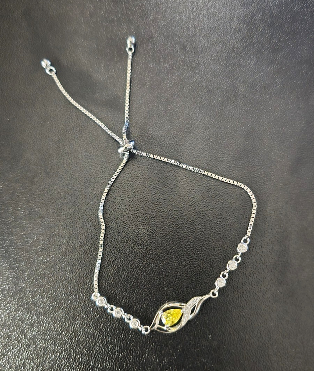 925 Sterling Silver Adjustable Slider Box Chain Bracelet Pear Yellow Stone